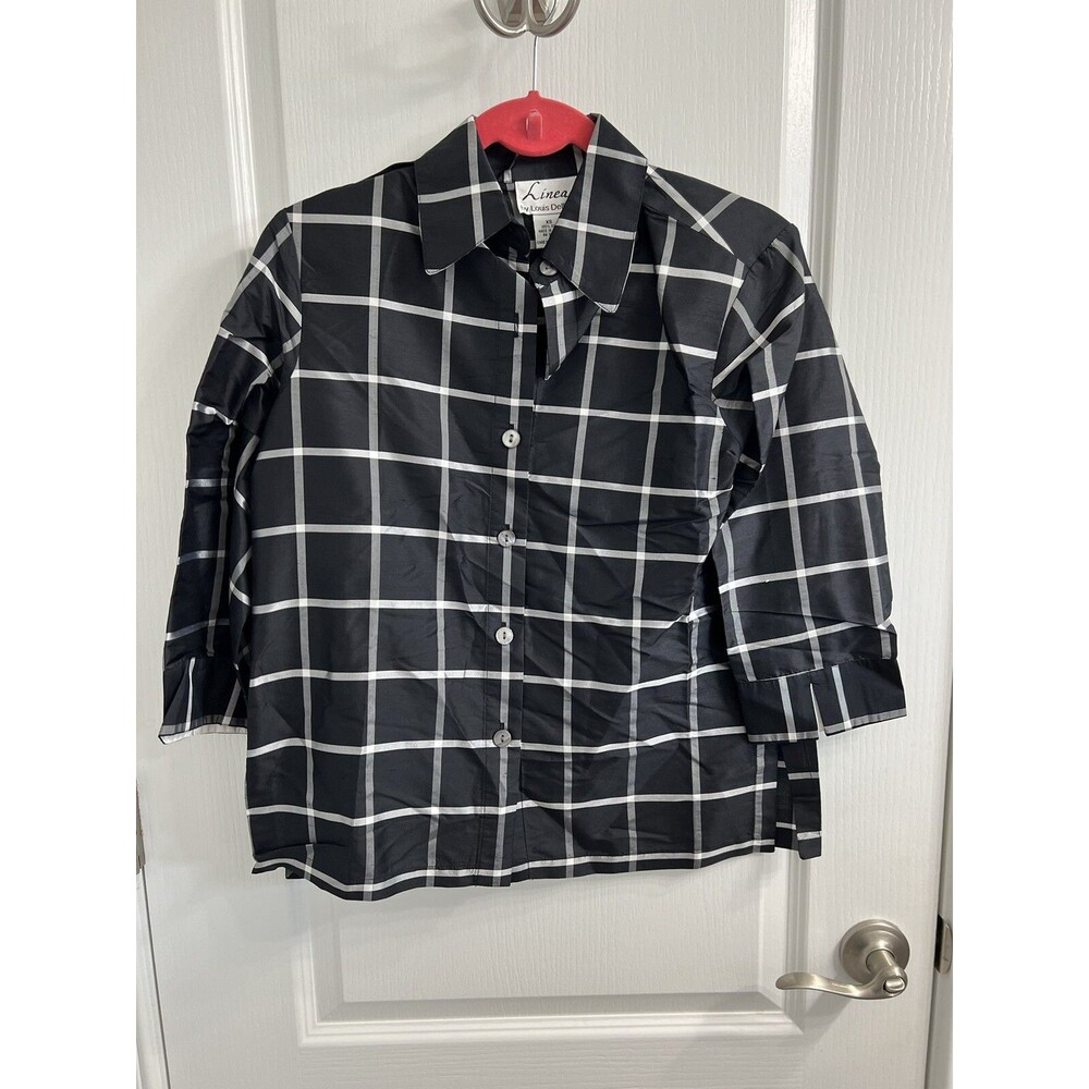 Linea Silk Blouse XS Black White Windowpane Plaid 3/4 Sleeve Button Up